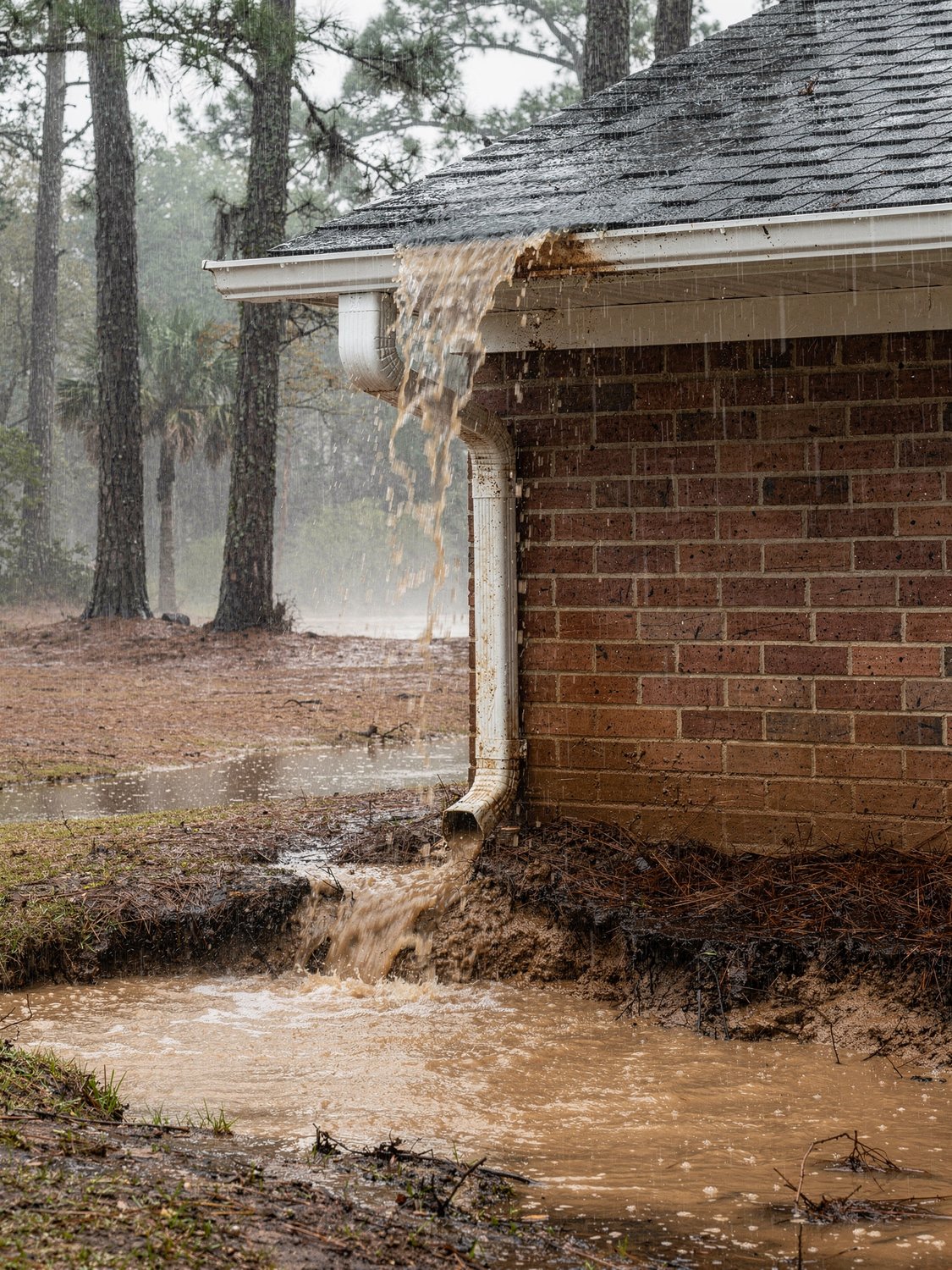 Seamless gutters and a downspout channeling rain away from an Athens, GA home