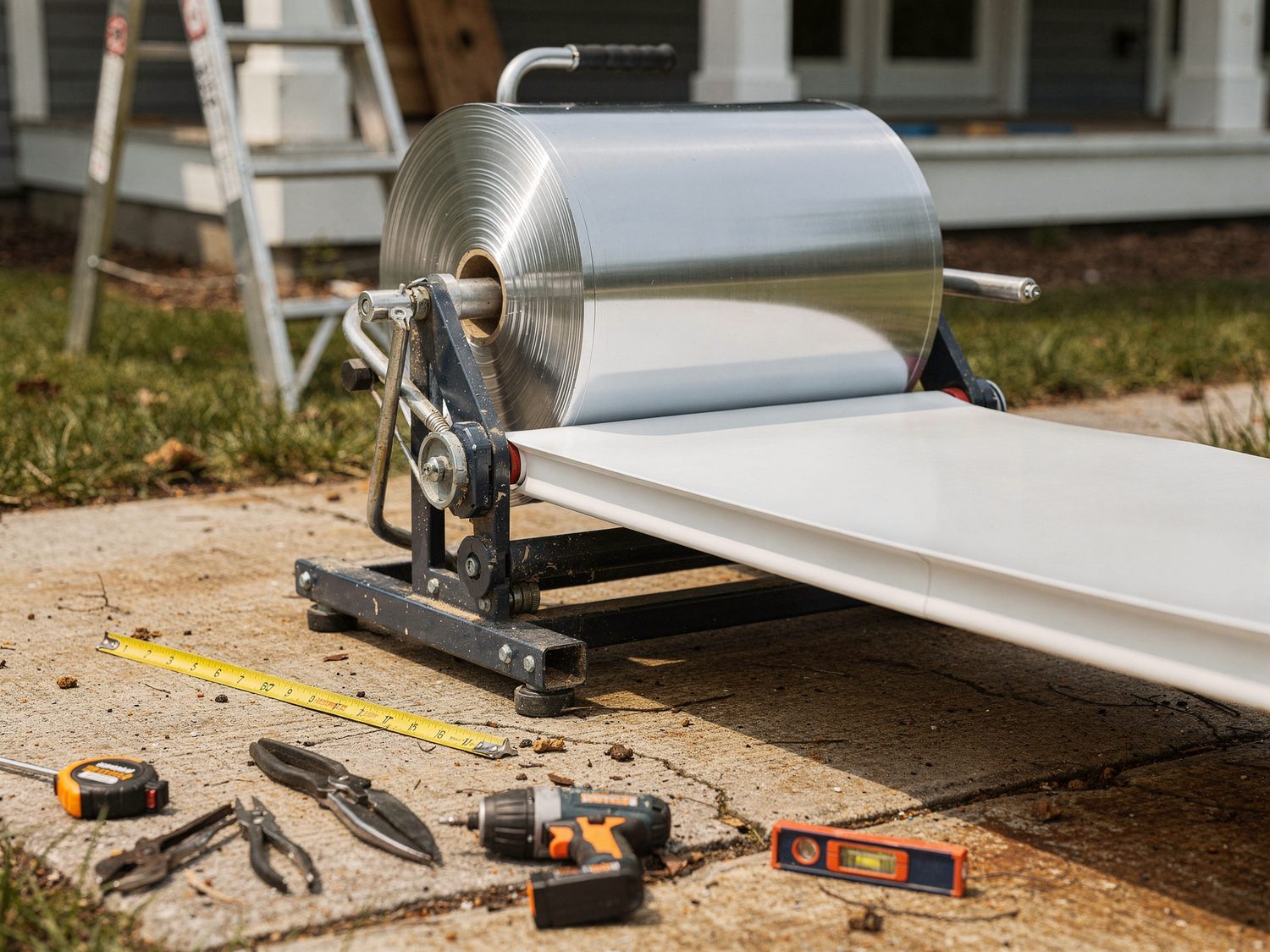 Gutter installer measuring a roofline in Athens, GA